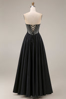 Laden Sie das Bild in den Galerie-Viewer, Satin-A-Linie schwarzes Sweetheart-Korsett, langes Abschlussballkleid
