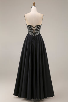 Satin-A-Linie schwarzes Sweetheart-Korsett, langes Abschlussballkleid