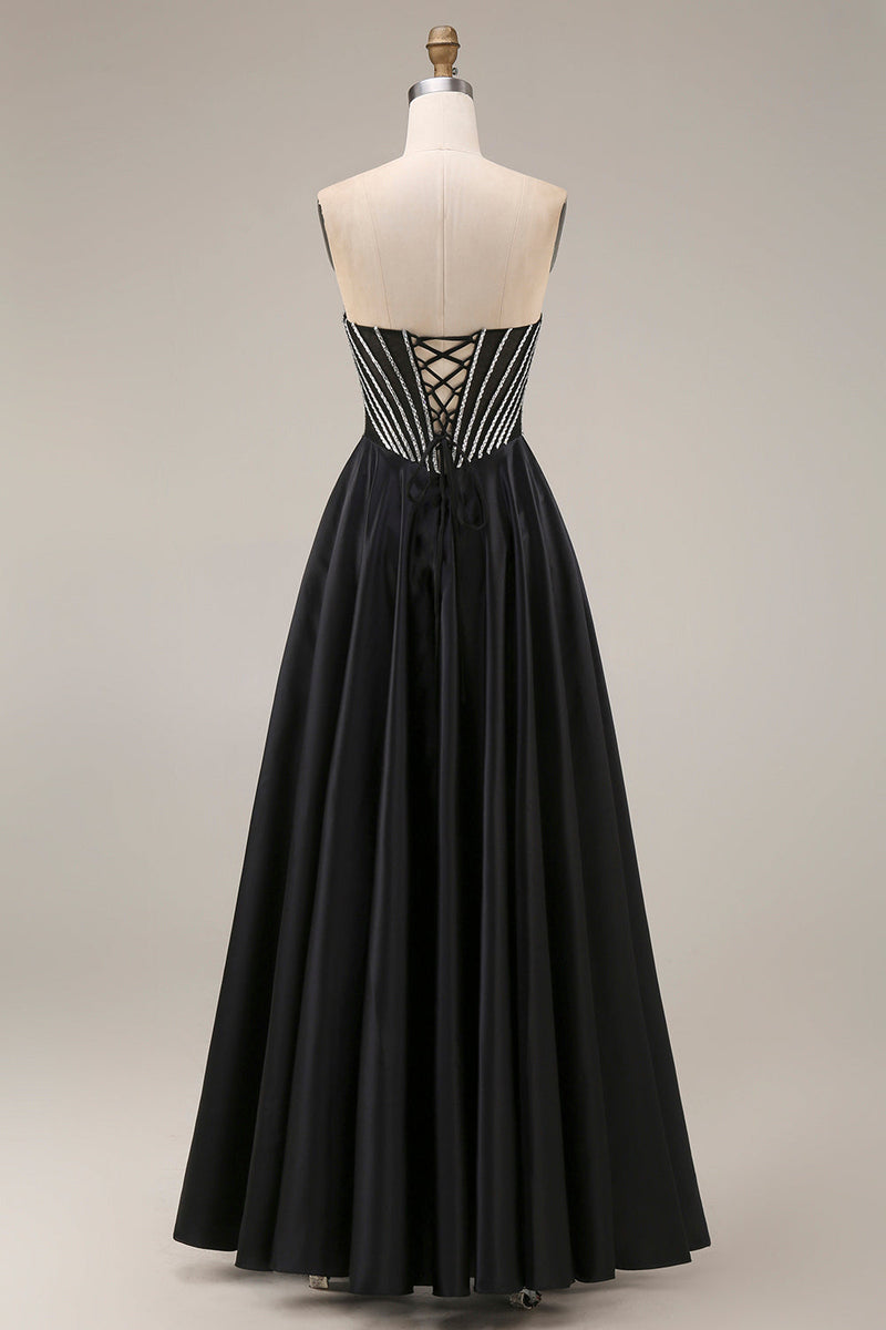 Laden Sie das Bild in den Galerie-Viewer, Satin-A-Linie schwarzes Sweetheart-Korsett, langes Abschlussballkleid