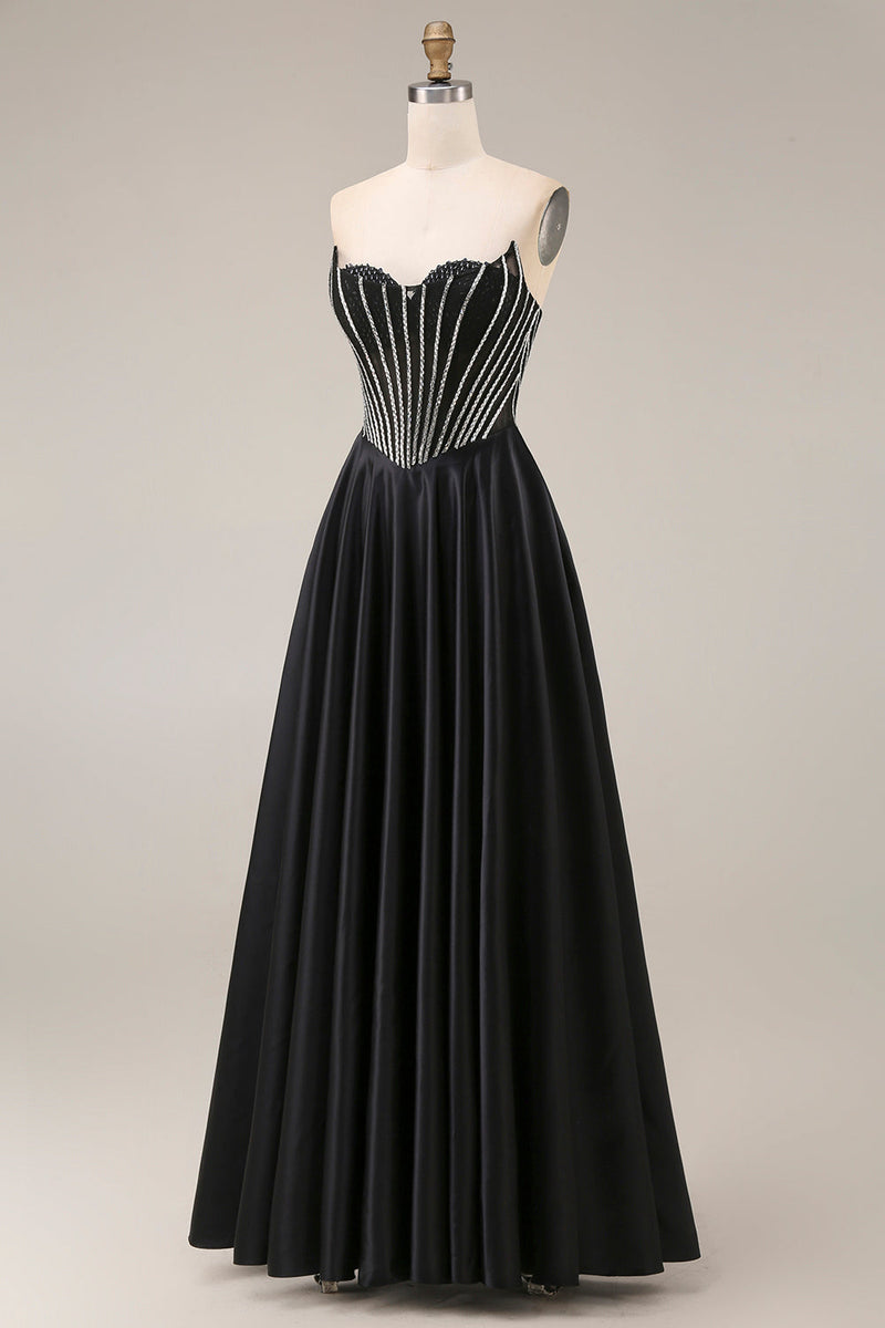 Laden Sie das Bild in den Galerie-Viewer, Satin-A-Linie schwarzes Sweetheart-Korsett, langes Abschlussballkleid