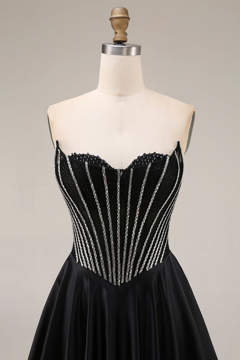 Laden Sie das Bild in den Galerie-Viewer, Satin-A-Linie schwarzes Sweetheart-Korsett, langes Abschlussballkleid