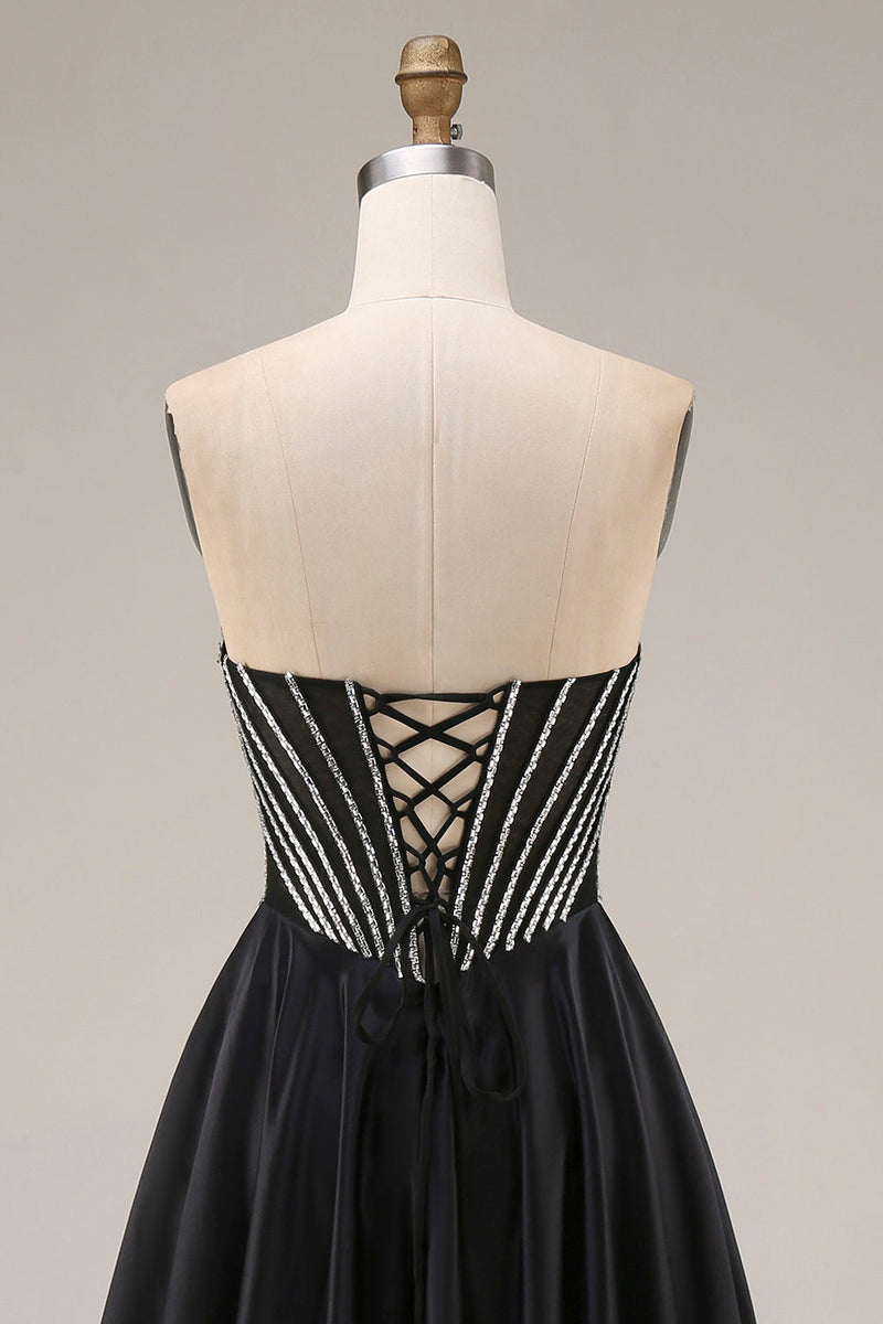 Laden Sie das Bild in den Galerie-Viewer, Satin-A-Linie schwarzes Sweetheart-Korsett, langes Abschlussballkleid