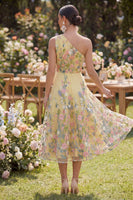 Laden Sie das Bild in den Galerie-Viewer, Gelbes Einschulter Besticktes Gesticktes Midi-Kleid in A-Linie