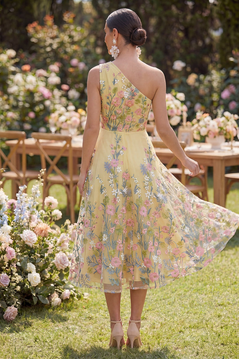 Laden Sie das Bild in den Galerie-Viewer, Gelbes Einschulter Besticktes Gesticktes Midi-Kleid in A-Linie