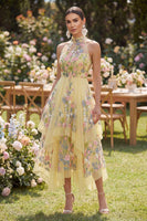 Laden Sie das Bild in den Galerie-Viewer, A-Linie Gelbes Neckholder Gesticktes Florales Midi Kleid