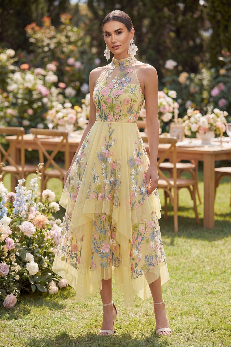Laden Sie das Bild in den Galerie-Viewer, A-Linie Gelbes Neckholder Gesticktes Florales Midi Kleid