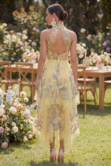 A-Linie Gelbes Neckholder Gesticktes Florales Midi Kleid