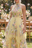 Laden Sie das Bild in den Galerie-Viewer, A-Linie Gelbes Neckholder Gesticktes Florales Midi Kleid