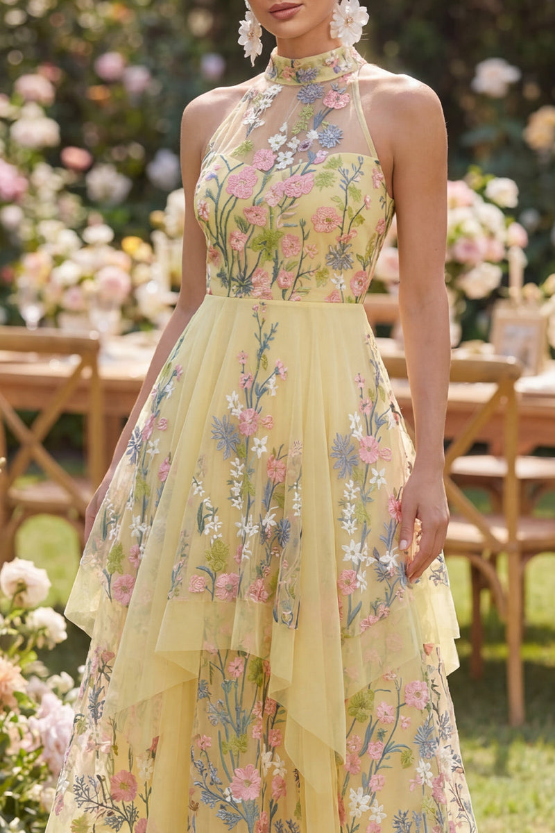 Laden Sie das Bild in den Galerie-Viewer, A-Linie Gelbes Neckholder Gesticktes Florales Midi Kleid