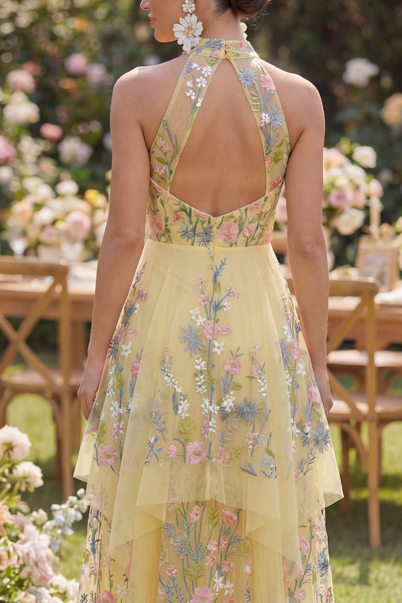 Laden Sie das Bild in den Galerie-Viewer, A-Linie Gelbes Neckholder Gesticktes Florales Midi Kleid