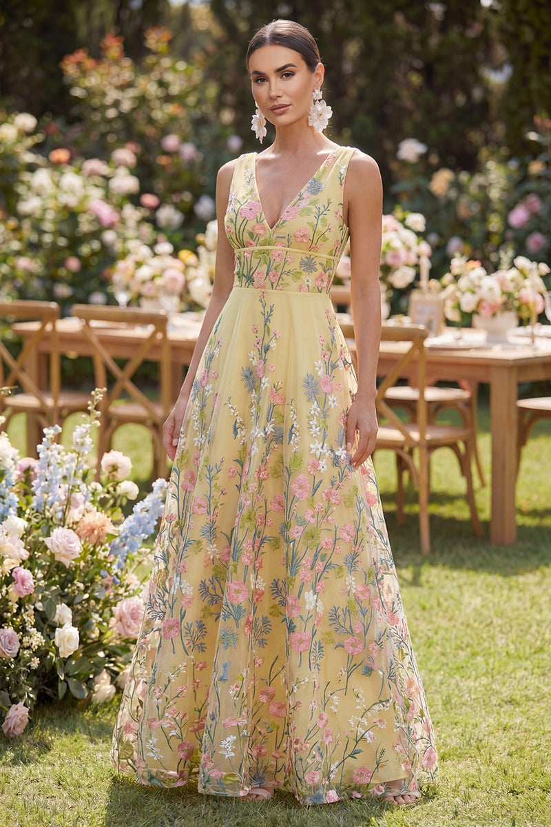 Laden Sie das Bild in den Galerie-Viewer, Tüll A-Linie Gelbes V-Ausschnitt Besticktes Langes Blumenkleid