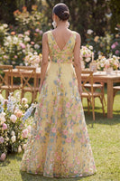 Laden Sie das Bild in den Galerie-Viewer, Tüll A-Linie Gelbes V-Ausschnitt Besticktes Langes Blumenkleid