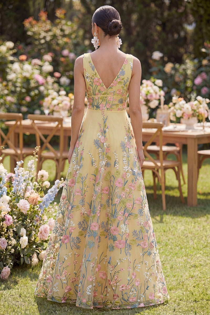 Laden Sie das Bild in den Galerie-Viewer, Tüll A-Linie Gelbes V-Ausschnitt Besticktes Langes Blumenkleid