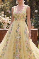 Laden Sie das Bild in den Galerie-Viewer, A-Linie Gelbes Quadratisches Tüll Besticktes Midikleid mit Blumen