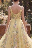 Laden Sie das Bild in den Galerie-Viewer, A-Linie Gelbes Quadratisches Tüll Besticktes Midikleid mit Blumen