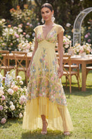 Laden Sie das Bild in den Galerie-Viewer, Tüll-A-Linie gelbes V-Ausschnitt gesticktes Blumenkleid mit Müttenärmeln