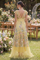 Laden Sie das Bild in den Galerie-Viewer, Tüll-A-Linie gelbes V-Ausschnitt gesticktes Blumenkleid mit Müttenärmeln