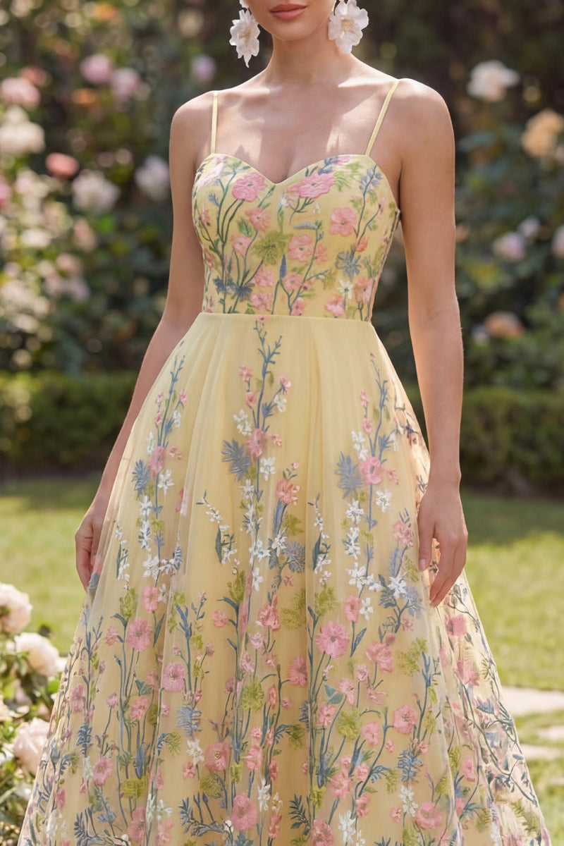 Laden Sie das Bild in den Galerie-Viewer, Tüll A-Linie Gelbes Besticktes Blumen Midi Kleid
