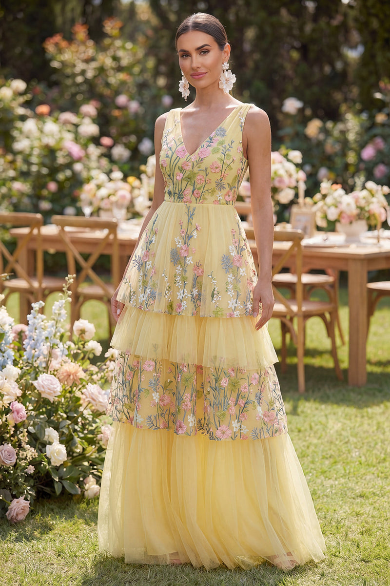 Laden Sie das Bild in den Galerie-Viewer, Gelbes Tüll A-Linie Gestuftes V-Ausschnitt Langes Besticktes Blumenkleid