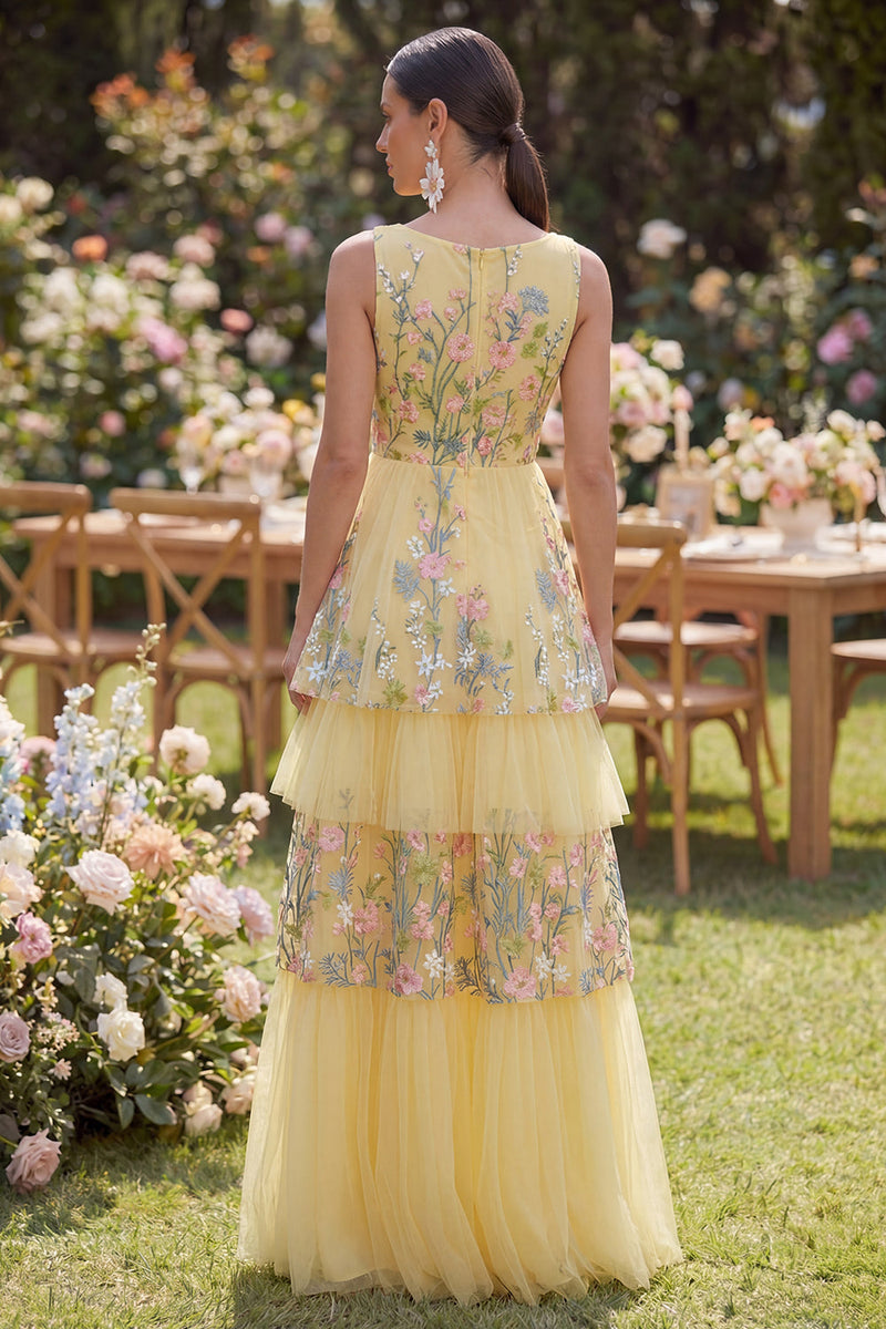 Laden Sie das Bild in den Galerie-Viewer, Gelbes Tüll A-Linie Gestuftes V-Ausschnitt Langes Besticktes Blumenkleid