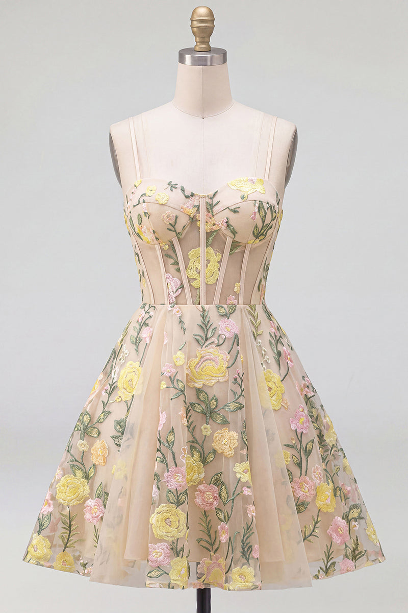Laden Sie das Bild in den Galerie-Viewer, Champagner A-Linie Tüllbesticktes Mini-Cocktailkleid