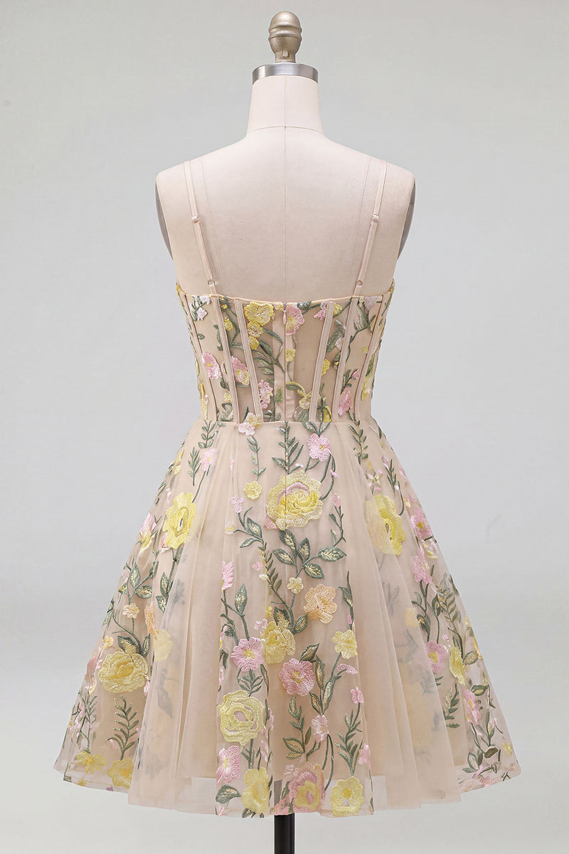 Laden Sie das Bild in den Galerie-Viewer, Champagner A-Linie Tüllbesticktes Mini-Cocktailkleid