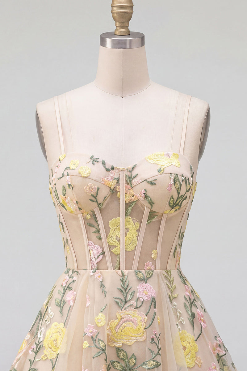 Laden Sie das Bild in den Galerie-Viewer, Champagner A-Linie Tüllbesticktes Mini-Cocktailkleid