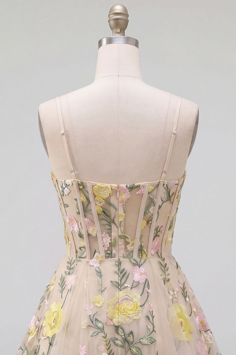 Laden Sie das Bild in den Galerie-Viewer, Champagner A-Linie Tüllbesticktes Mini-Cocktailkleid