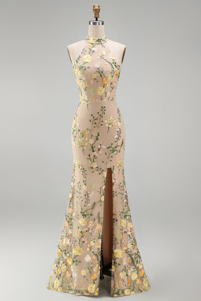 Laden Sie das Bild in den Galerie-Viewer, Meerjungfrauen Champagner Neckholder Besticktes Langes Blumenkleid mit Schlitz