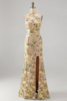 Laden Sie das Bild in den Galerie-Viewer, Meerjungfrauen Champagner Neckholder Besticktes Langes Blumenkleid mit Schlitz