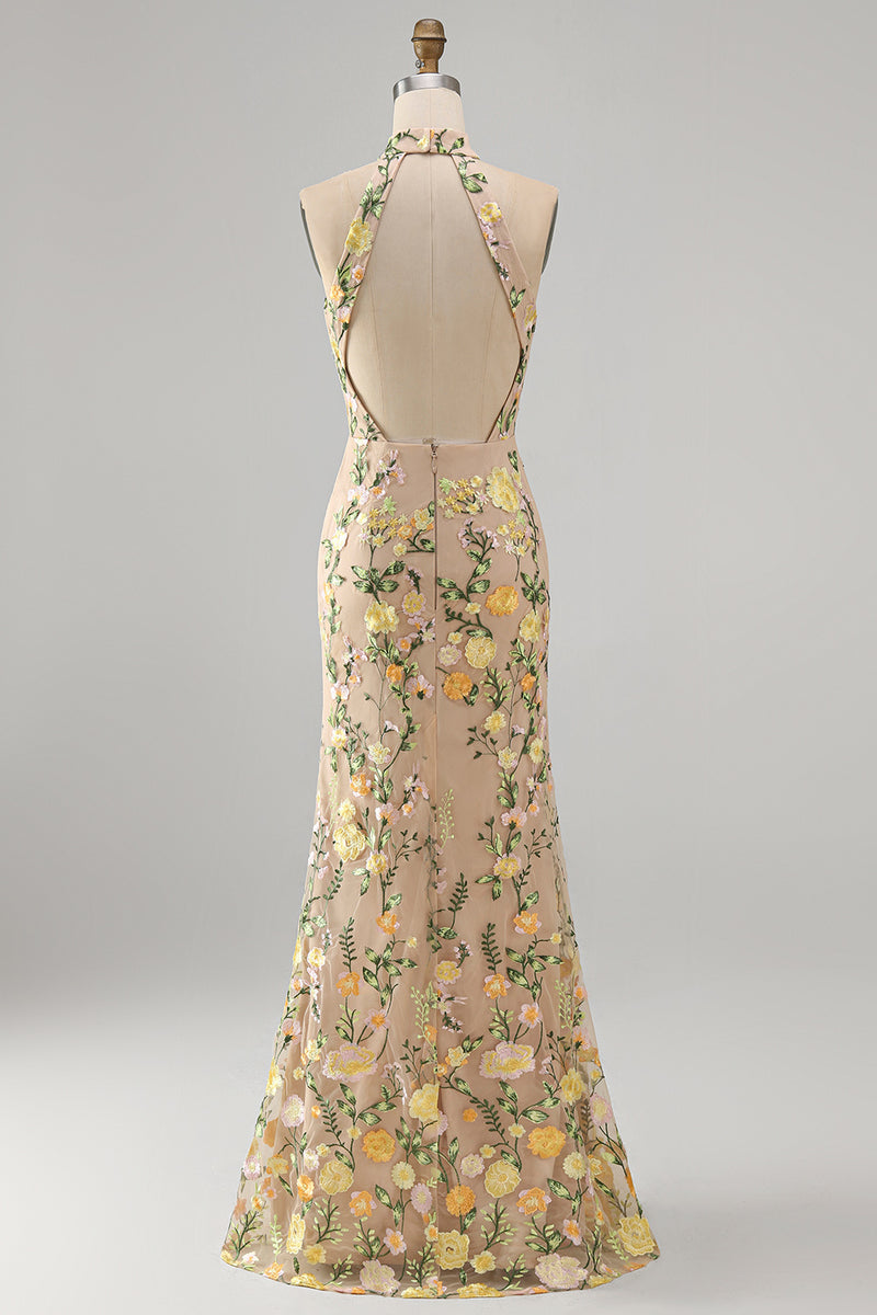 Laden Sie das Bild in den Galerie-Viewer, Meerjungfrauen Champagner Neckholder Besticktes Langes Blumenkleid mit Schlitz