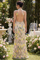 Laden Sie das Bild in den Galerie-Viewer, Meerjungfrauen Champagner Neckholder Besticktes Langes Blumenkleid mit Schlitz