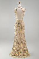 Laden Sie das Bild in den Galerie-Viewer, Meerjungfrauen Champagner Neckholder Besticktes Langes Blumenkleid mit Schlitz