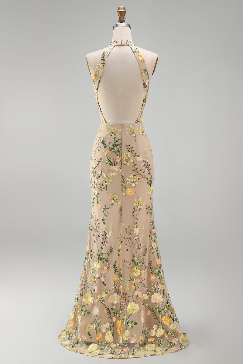 Laden Sie das Bild in den Galerie-Viewer, Meerjungfrauen Champagner Neckholder Besticktes Langes Blumenkleid mit Schlitz
