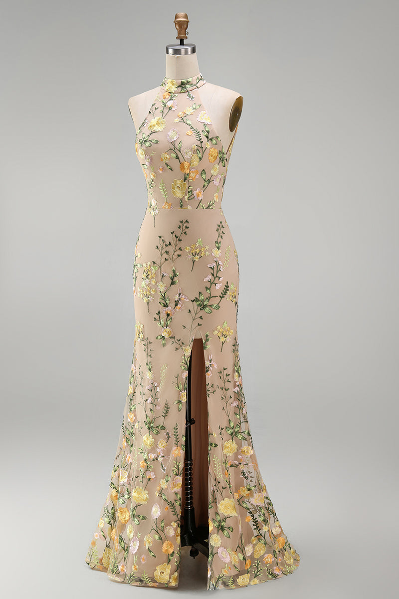 Laden Sie das Bild in den Galerie-Viewer, Meerjungfrauen Champagner Neckholder Besticktes Langes Blumenkleid mit Schlitz
