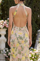 Laden Sie das Bild in den Galerie-Viewer, Meerjungfrauen Champagner Neckholder Besticktes Langes Blumenkleid mit Schlitz