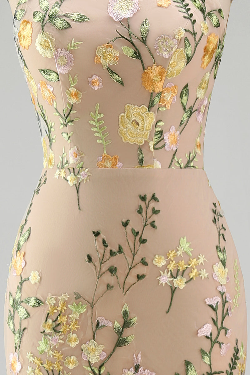 Laden Sie das Bild in den Galerie-Viewer, Meerjungfrauen Champagner Neckholder Besticktes Langes Blumenkleid mit Schlitz