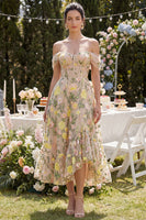 Laden Sie das Bild in den Galerie-Viewer, Off-the-shoulder A-Linie Tüll-Champagner-Korsett, gesticktes florales Midi-Kleid