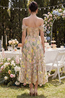 Laden Sie das Bild in den Galerie-Viewer, Off-the-shoulder A-Linie Tüll-Champagner-Korsett, gesticktes florales Midi-Kleid