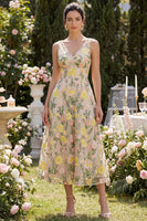 Laden Sie das Bild in den Galerie-Viewer, Tüll Champagner A-Linie Besticktes V-Ausschnitt Midi Blumenkleid
