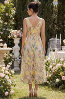 Laden Sie das Bild in den Galerie-Viewer, Tüll Champagner A-Linie Besticktes V-Ausschnitt Midi Blumenkleid