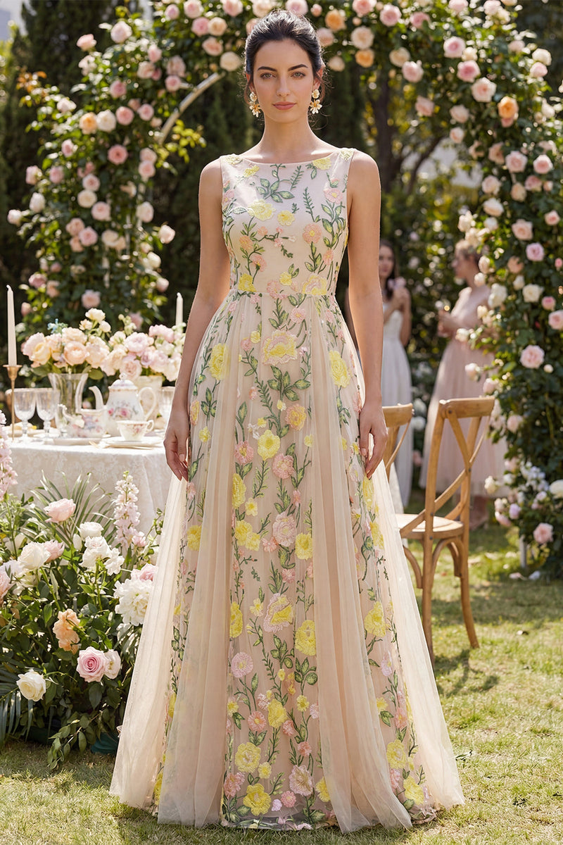 Laden Sie das Bild in den Galerie-Viewer, Champagner A-Linie Tüll Bateau-Hals Besticktes Langes Blumenkleid