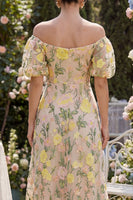 Laden Sie das Bild in den Galerie-Viewer, Tüll schulterloses Champagner-A-Linie, gesticktes florales Midi-Kleid mit Puffärmeln