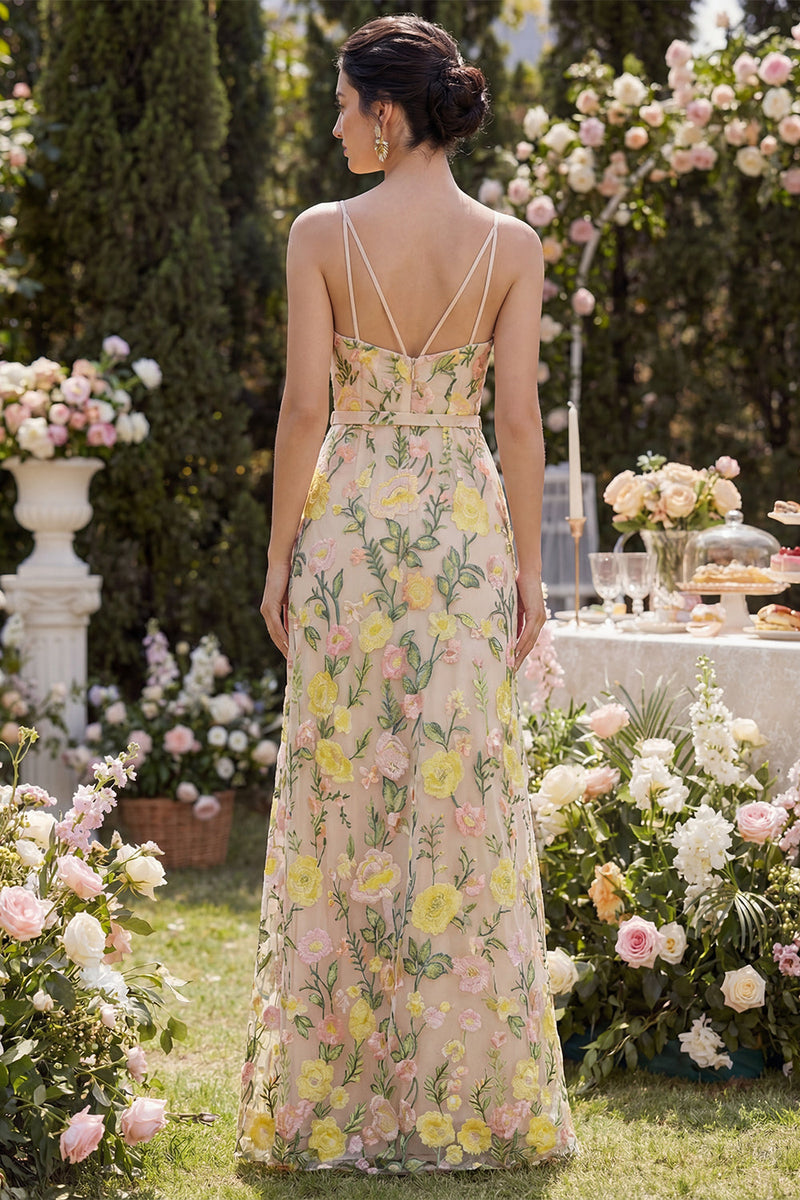 Laden Sie das Bild in den Galerie-Viewer, Meerjungfrauen-Tüll-Champagnerbesticktes langes Blumenkleid mit Schlitz