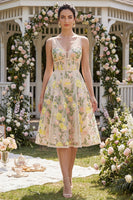 Laden Sie das Bild in den Galerie-Viewer, Tüll A-Linie Champagner Besticktes V-Ausschnitt Korsett Midi Blumenkleid