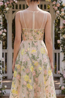 Laden Sie das Bild in den Galerie-Viewer, Tüll A-Linie Champagner Besticktes V-Ausschnitt Korsett Midi Blumenkleid