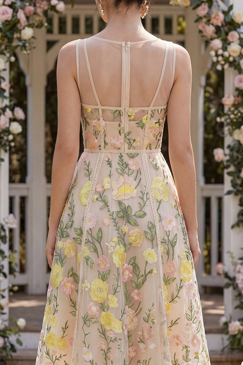 Laden Sie das Bild in den Galerie-Viewer, Tüll A-Linie Champagner Besticktes V-Ausschnitt Korsett Midi Blumenkleid