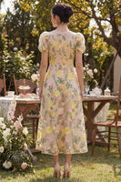 Laden Sie das Bild in den Galerie-Viewer, Champagner-Tüll-A-Linie besticktes V-Ausschnitt florales Midi-Kleid mit Puffärmeln
