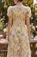 Laden Sie das Bild in den Galerie-Viewer, Champagner-Tüll-A-Linie besticktes V-Ausschnitt florales Midi-Kleid mit Puffärmeln
