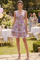 Laden Sie das Bild in den Galerie-Viewer, Flieder A-Linie Tüll Besticktes Blumen V-Ausschnitt Mini Cocktailkleid